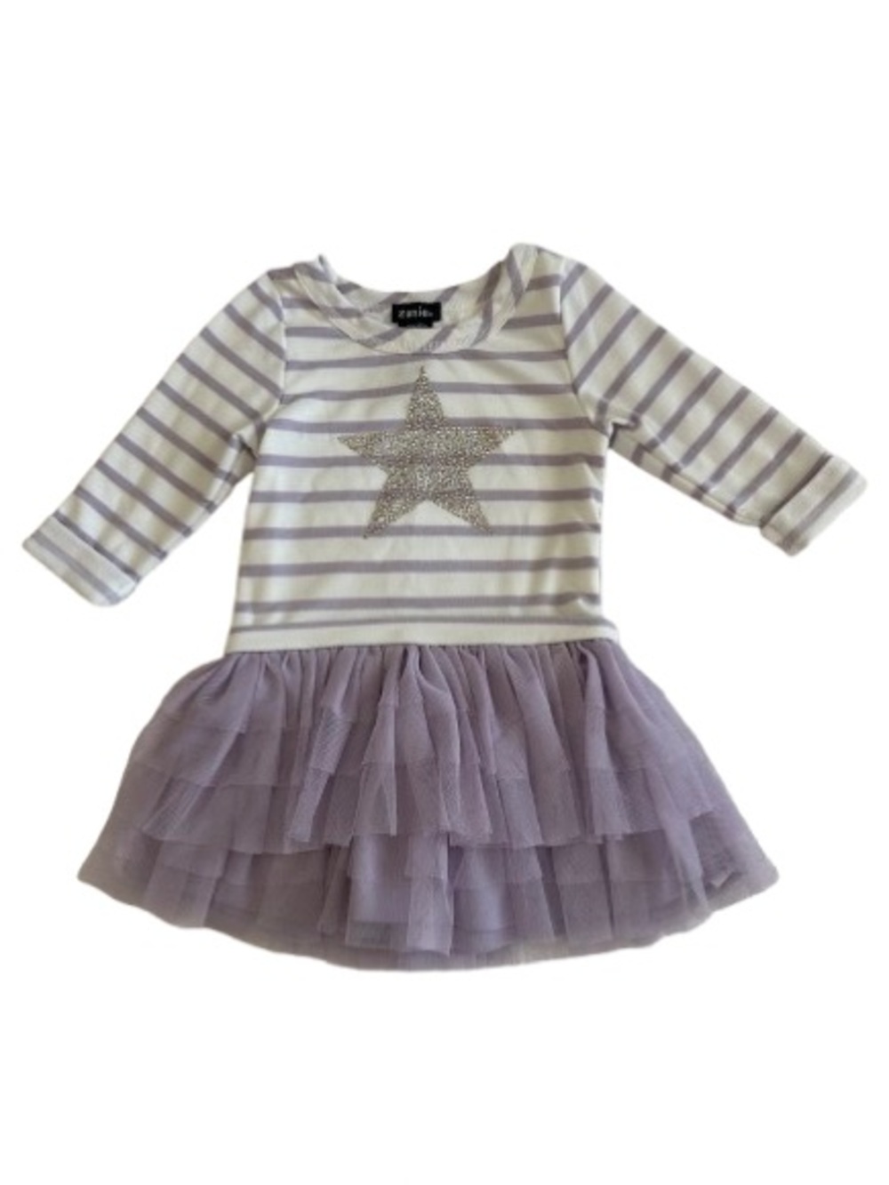 Zunie Girls 2T Lavender & White Stripes Dress With Tulle Ruffles & Glitter Star